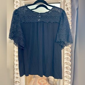 LOFT Black Lace Yoke Tee, Large